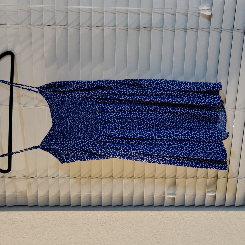 Blue and white polka dot dress from Express